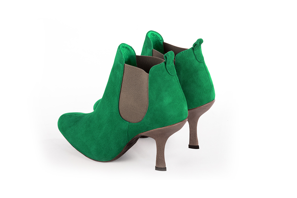 Emerald green and taupe brown women's ankle boots, with elastics. Round toe. High spool heels. Rear view - Florence KOOIJMAN